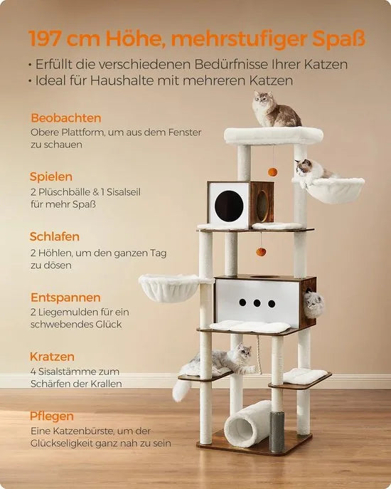 FurnStar Krabpaal Groot – 197 cm Hoog – Kattenboom XXL met Meerdere Verdiepingen – 2 Holtes, 2 Ligkommen, 4 Krabpalen, Tunnel en Platforms – Kattenhuis in Vintagebruin