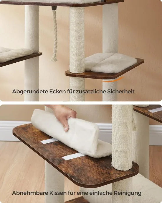FurnStar - Krabpaal groot - 197 cm hoog - kattenboom XXL - modern - kattenhuis met meerdere verdiepingen met 2 holtes - 2 ligkommen, 4 krabpalen - kattenborstel - tunnel - platforms - grijsbeige – Vintagebruin