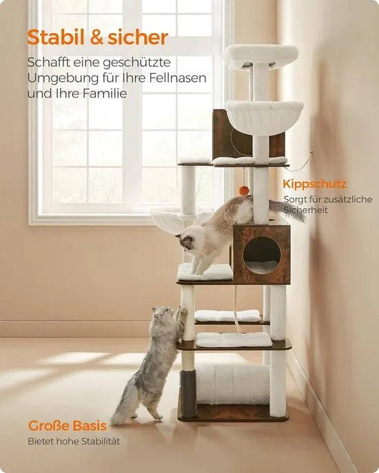 FurnStar Krabpaal Groot – 197 cm Hoog – Kattenboom XXL met Meerdere Verdiepingen – 2 Holtes, 2 Ligkommen, 4 Krabpalen, Tunnel en Platforms – Kattenhuis in Vintagebruin