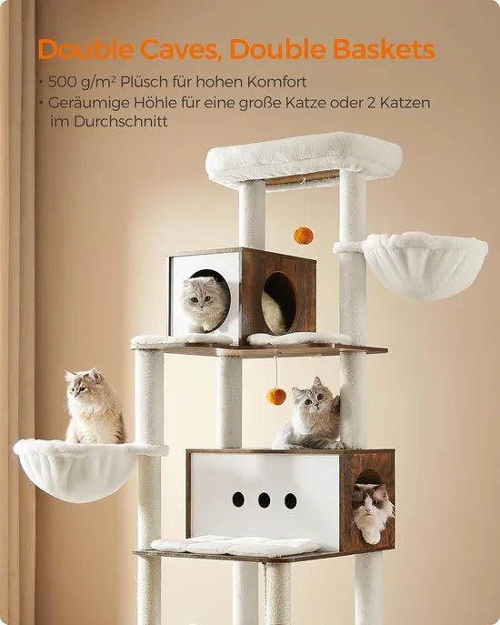 FurnStar Krabpaal Groot – 197 cm Hoog – Kattenboom XXL met Meerdere Verdiepingen – 2 Holtes, 2 Ligkommen, 4 Krabpalen, Tunnel en Platforms – Kattenhuis in Vintagebruin