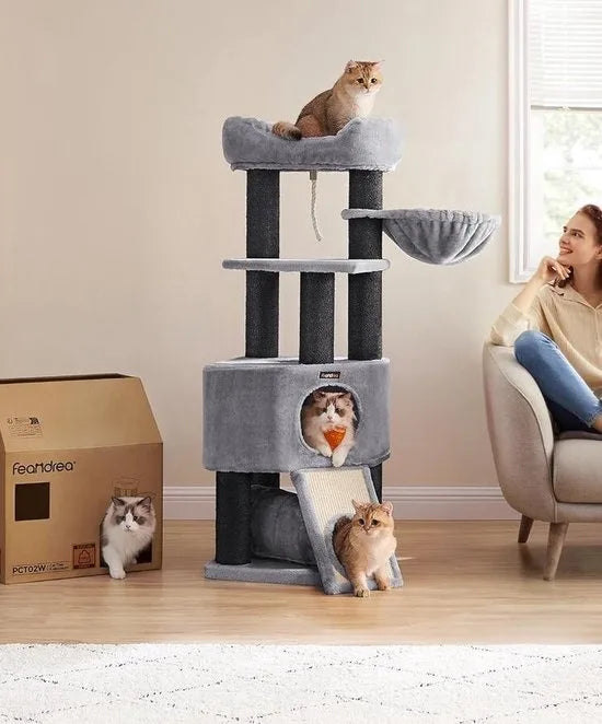 FurnStar - Krabpaal groot - Kattenboom met donzig uitkijkplatform - Bank en knuffelgrot - Kattentoren - Extra dikke stammen volledig omwikkeld met zwarte sisal - Stal - Lichtgrijs