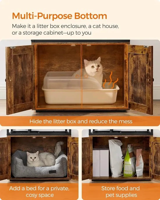 FurnStar - Krabpaal - Kattenhuis met Kattenbak - Verhoogde Komhouder - Sisalpaal - Wasbare Tapijten - Vintage Bruin