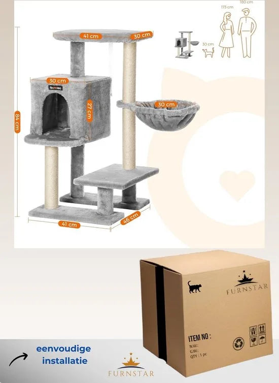 FurnStar - Krabpaal - Klein Kattenappartement 84 cm - Kattentoren - Lichtgrijs