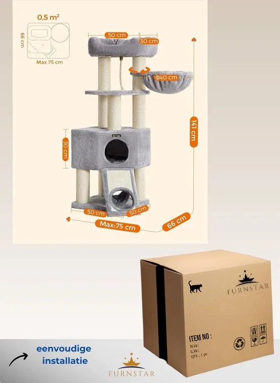 FurnStar - Krabpaal - Krabpaal groot - Kattenboom met donzig uitkijkplatform -Bank en knuffelgrot - Kattentoren - Extra dikke stammen volledig omwikkeld met zwarte sisal - Stal - Lichtgrijs