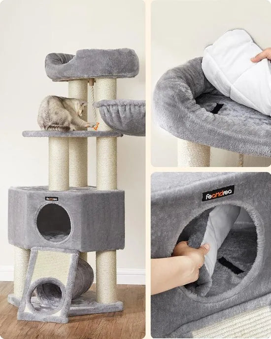 FurnStar - Krabpaal - Krabpaal groot - Kattenboom met donzig uitkijkplatform -Bank en knuffelgrot - Kattentoren - Extra dikke stammen volledig omwikkeld met zwarte sisal - Stal - Lichtgrijs