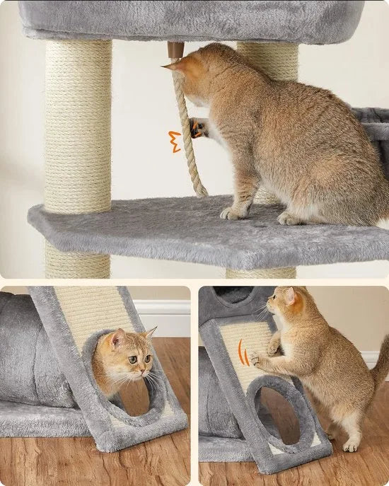 FurnStar - Krabpaal - Krabpaal groot - Kattenboom met donzig uitkijkplatform -Bank en knuffelgrot - Kattentoren - Extra dikke stammen volledig omwikkeld met zwarte sisal - Stal - Lichtgrijs