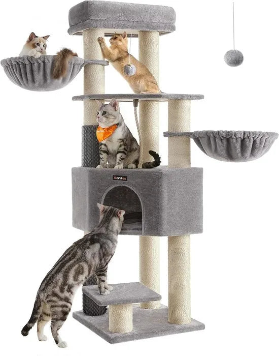 FurnStar - Krabpaal - met Zelfverwarmende Deken - Voor Grote Katten - Kattenboom - 2 Kattenborstels - Brede Platforms - Hol - 50 x 50 x 160 cm, Duifgrijs Zwart – Duifgrijs creme