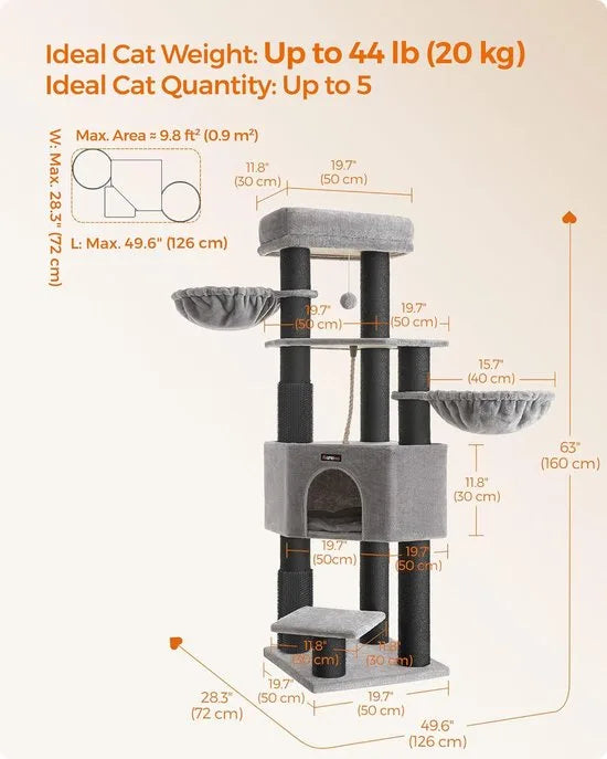 FurnStar - Krabpaal - met Zelfverwarmende Deken - Voor Grote Katten - Kattenboom - 2 Kattenborstels - Brede Platforms - Hol - 50 x 50 x 160 cm, Duifgrijs Zwart