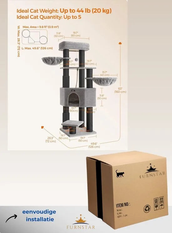 FurnStar - Krabpaal - met Zelfverwarmende Deken - Voor Grote Katten - Kattenboom - 2 Kattenborstels - Brede Platforms - Hol - 50 x 50 x 160 cm, Duifgrijs Zwart