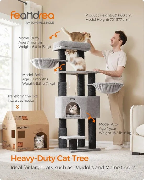 FurnStar - Krabpaal - met Zelfverwarmende Deken - Voor Grote Katten - Kattenboom - 2 Kattenborstels - Brede Platforms - Hol - 50 x 50 x 160 cm, Duifgrijs Zwart
