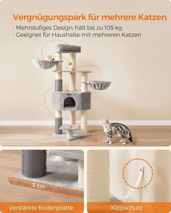 FurnStar - Krabpaal - met Zelfverwarmende Deken - Voor Grote Katten - Kattenboom - 2 Kattenborstels - Brede Platforms - Hol - 50 x 50 x 160 cm, Duifgrijs Zwart – Duifgrijs creme