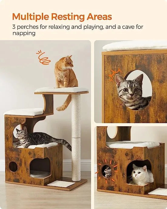 FurnStar - Krabpaal - Middelgrote kattenkrabpaal met 3 ligvlakken en grot - Krabpaal van MDF met houtfineer - Sisalstam - Wasbare pluche kussens - 66x42x88 cm - Bruin