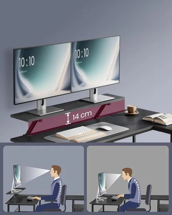Furnstar L-vormig Bureau – 135 x 105 cm – Hoekbureau met 2 Ruime Lades, Monitorstandaard en Verstelbare Plank – Computer- en Gamingbureau – Ebbenhout Zwart