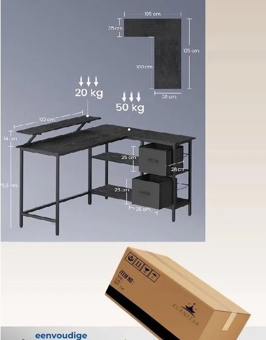 Furnstar L-vormig Bureau – 135 x 105 cm – Hoekbureau met 2 Ruime Lades, Monitorstandaard en Verstelbare Plank – Computer- en Gamingbureau – Ebbenhout Zwart
