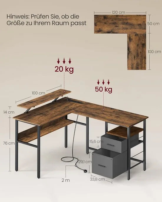 FurnStar - L-vormig bureau met stopcontacten - hoekbureau - computertafel - monitorstandaard - gamingtafel - ledverlichting - USB-aansluitingen - 150 x 120 x 76 cm - thuiskantoor - vintage bruin