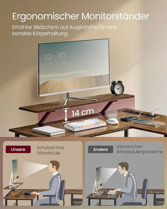 FurnStar - L-vormig bureau met stopcontacten - hoekbureau - computertafel - monitorstandaard - gamingtafel - ledverlichting - USB-aansluitingen - 150 x 120 x 76 cm - thuiskantoor - vintage bruin