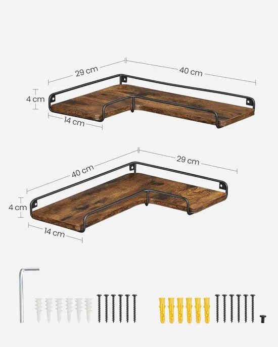 Furnstar - L-vormig hoekrek - Set van 2 - Wandrek - Industrieel design - Voor woonkamer slaapkamer keuken - Vintage bruin zwart