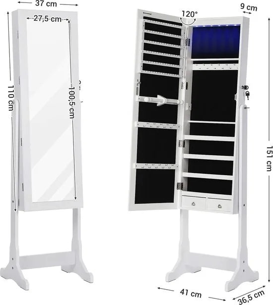 FurnStar - LED verlichting sieradenkast - Spiegel met 5 planken - 2 Kleine lades afsluitbaar - 150 cm - Wit
