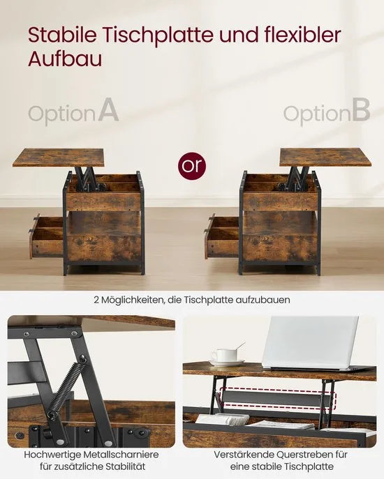 Furnstar Lift-Top Salontafel – In Hoogte Verstelbaar 48–63 cm – Met 2 Lades, Verborgen Opbergruimte & Open Vak – Industriële Stijl – Antraciet/Zwart – Rustiek bruin/zwart