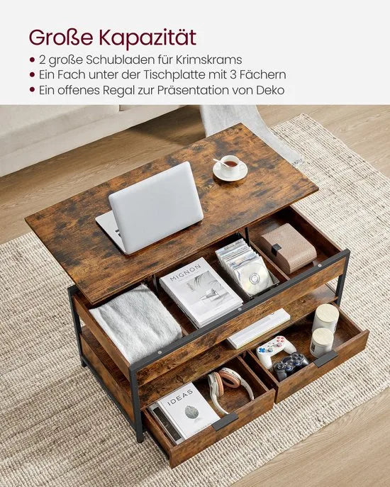 Furnstar Lift-Top Salontafel – In Hoogte Verstelbaar 48–63 cm – Met 2 Lades, Verborgen Opbergruimte & Open Vak – Industriële Stijl – Antraciet/Zwart – Rustiek bruin/zwart