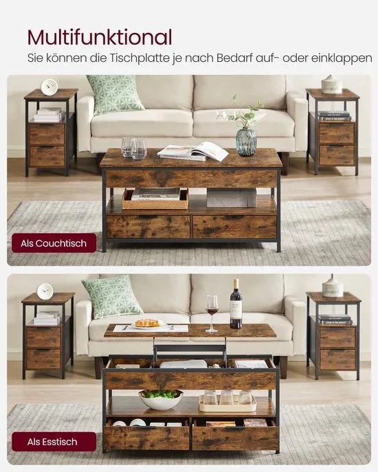 Furnstar Lift-Top Salontafel – In Hoogte Verstelbaar 48–63 cm – Met 2 Lades, Verborgen Opbergruimte & Open Vak – Industriële Stijl – Antraciet/Zwart – Rustiek bruin/zwart