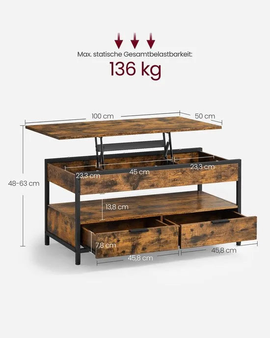 Furnstar Lift-Top Salontafel – In Hoogte Verstelbaar 48–63 cm – Met 2 Lades, Verborgen Opbergruimte & Open Vak – Industriële Stijl – Antraciet/Zwart – Rustiek bruin/zwart