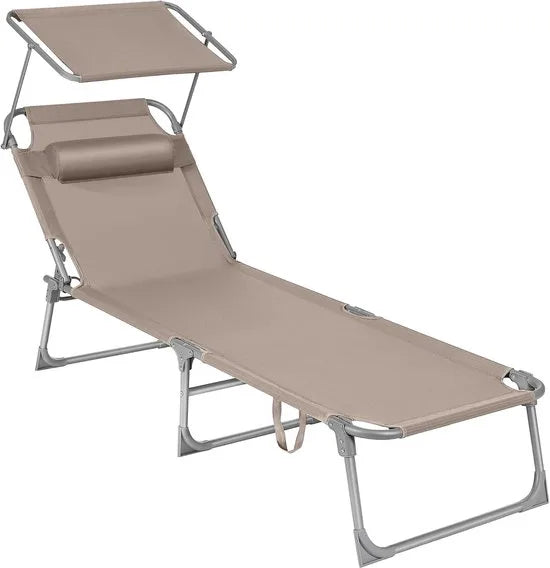 FurnStar - Ligstoel - Hoofdsteun, Zonnedak, Verstelbare Rugleuning, Opvouwbaar - 53 x 193 x 29,5 cm - Draagvermogen tot 150 kg - Voor Tuin, Balkon – Donker grijs – Taupe