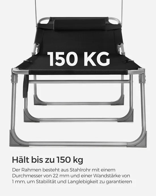 FurnStar - Ligstoel - Hoofdsteun, Zonnedak, Verstelbare Rugleuning, Opvouwbaar - 53 x 193 x 29,5 cm - Draagvermogen tot 150 kg - Voor Tuin, Balkon – Donker grijs – Zwart