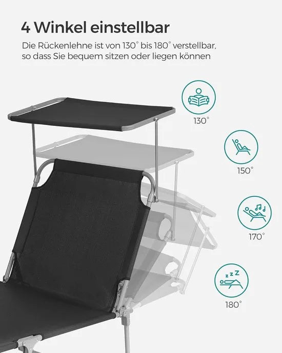 FurnStar - Ligstoel - Hoofdsteun, Zonnedak, Verstelbare Rugleuning, Opvouwbaar - 53 x 193 x 29,5 cm - Draagvermogen tot 150 kg - Voor Tuin, Balkon – Donker grijs – Zwart