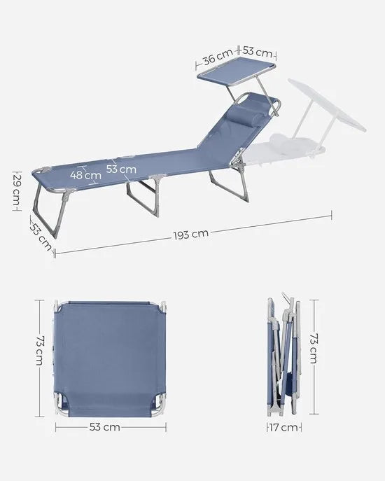 FurnStar - Ligstoel - Hoofdsteun, Zonnedak, Verstelbare Rugleuning, Opvouwbaar - 53 x 193 x 29,5 cm - Draagvermogen tot 150 kg - Voor Tuin, Balkon – Donker grijs – Blauw
