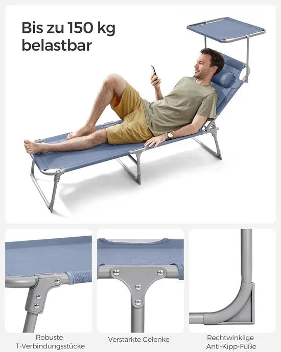 FurnStar - Ligstoel - Hoofdsteun, Zonnedak, Verstelbare Rugleuning, Opvouwbaar - 53 x 193 x 29,5 cm - Draagvermogen tot 150 kg - Voor Tuin, Balkon – Donker grijs – Blauw