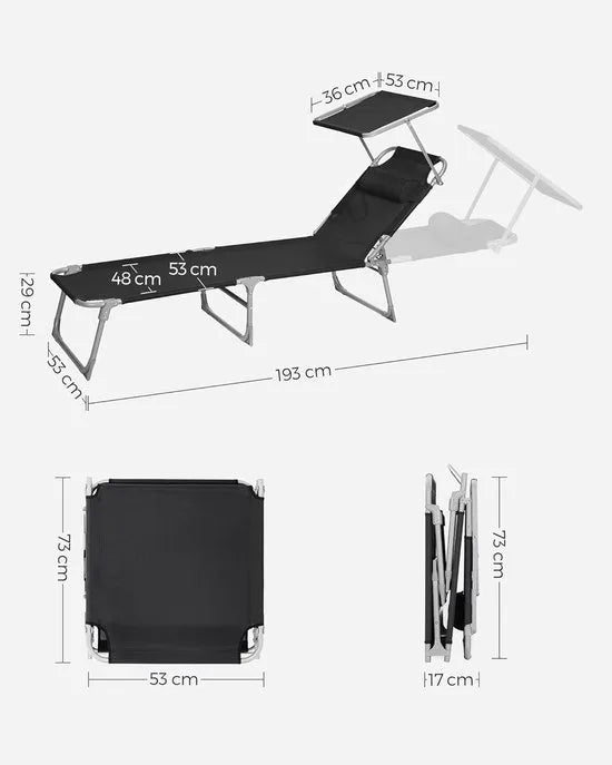 FurnStar - Ligstoel - Hoofdsteun, Zonnedak, Verstelbare Rugleuning, Opvouwbaar - 53 x 193 x 29,5 cm - Draagvermogen tot 150 kg - Voor Tuin, Balkon – Donker grijs – Zwart