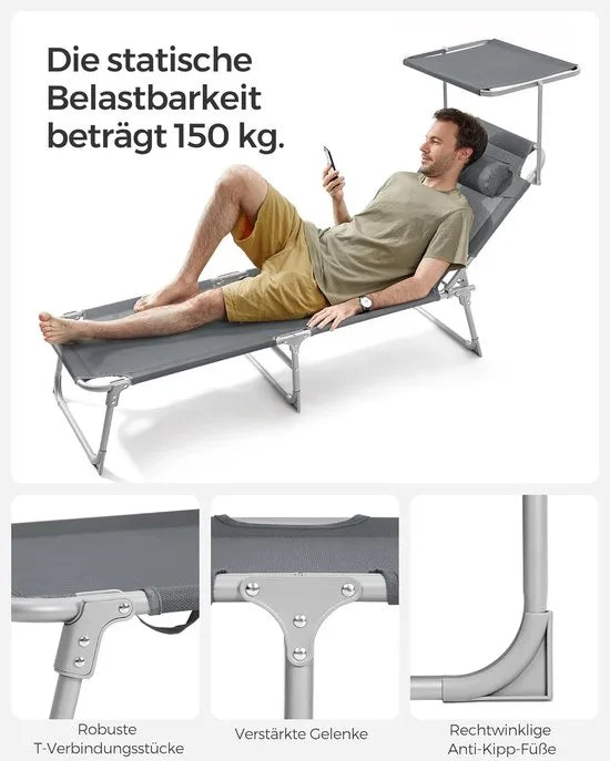 FurnStar - Ligstoel - Hoofdsteun, Zonnedak, Verstelbare Rugleuning, Opvouwbaar - 53 x 193 x 29,5 cm - Draagvermogen tot 150 kg - Voor Tuin, Balkon – Donker grijs