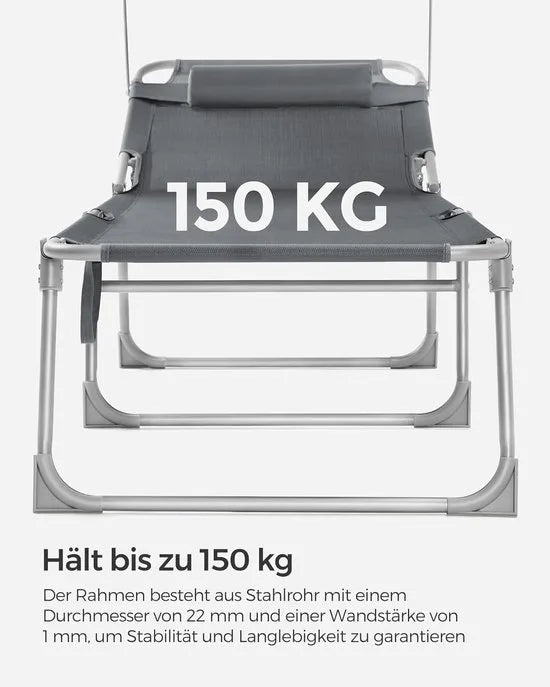 FurnStar - Ligstoel - Hoofdsteun, Zonnedak, Verstelbare Rugleuning, Opvouwbaar - 53 x 193 x 29,5 cm - Draagvermogen tot 150 kg - Voor Tuin, Balkon – Donker grijs