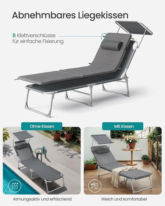 FurnStar - Ligstoel - Ligstoel met 3 cm Dikke Steun - Hoofdsteun, Zonnedak, Verstelbare Rugleuning, Opvouwbaar - 53 x 193 x 29,5 cm - Draagvermogen tot 150 kg - Voor Tuin, Balkon - Donkergrijs