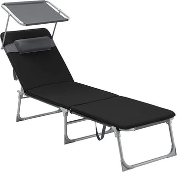 FurnStar - Ligstoel - Ligstoel met 3 cm Dikke Steun - Inklapbare Ligstoel - 193 x 53 x 29 cm - Draagvermogen tot 150 kg - Zonwering, Hoofdkussen, Verstelbare Rugleuning - Voor Tuin, Zwembad, Terras - Grijs Zwart
