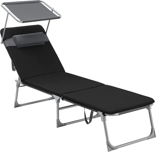 FurnStar - Ligstoel - Ligstoel met 3 cm Dikke Steun - Inklapbare Ligstoel - 193 x 53 x 29 cm - Draagvermogen tot 150 kg - Zonwering, Hoofdkussen, Verstelbare Rugleuning - Voor Tuin, Zwembad, Terras - Grijs Zwart