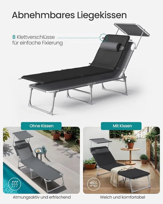 FurnStar - Ligstoel - Ligstoel met 3 cm Dikke Steun - Inklapbare Ligstoel - 193 x 53 x 29 cm - Draagvermogen tot 150 kg - Zonwering, Hoofdkussen, Verstelbare Rugleuning - Voor Tuin, Zwembad, Terras - Grijs Zwart