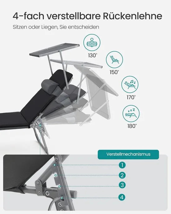 FurnStar - Ligstoel - Ligstoel met 3 cm Dikke Steun - Inklapbare Ligstoel - 193 x 53 x 29 cm - Draagvermogen tot 150 kg - Zonwering, Hoofdkussen, Verstelbare Rugleuning - Voor Tuin, Zwembad, Terras - Grijs Zwart