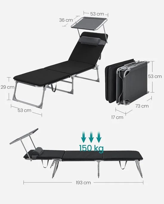 FurnStar - Ligstoel - Ligstoel met 3 cm Dikke Steun - Inklapbare Ligstoel - 193 x 53 x 29 cm - Draagvermogen tot 150 kg - Zonwering, Hoofdkussen, Verstelbare Rugleuning - Voor Tuin, Zwembad, Terras - Grijs Zwart