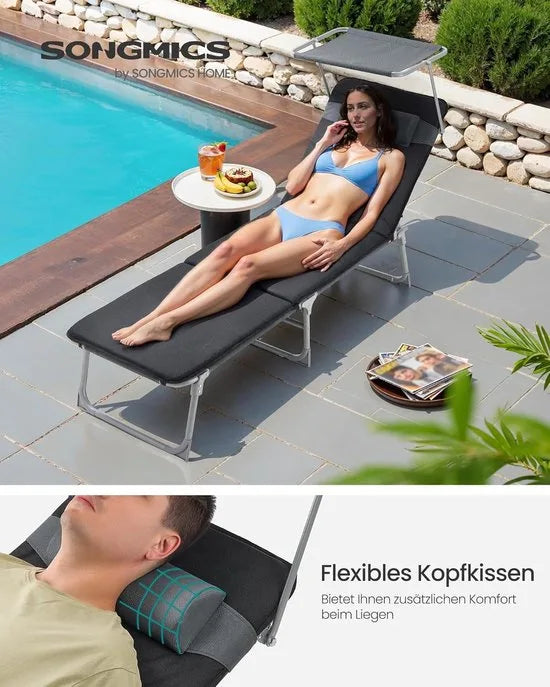 FurnStar - Ligstoel - Ligstoel met 3 cm Dikke Steun - Inklapbare Ligstoel - 193 x 53 x 29 cm - Draagvermogen tot 150 kg - Zonwering, Hoofdkussen, Verstelbare Rugleuning - Voor Tuin, Zwembad, Terras - Grijs Zwart