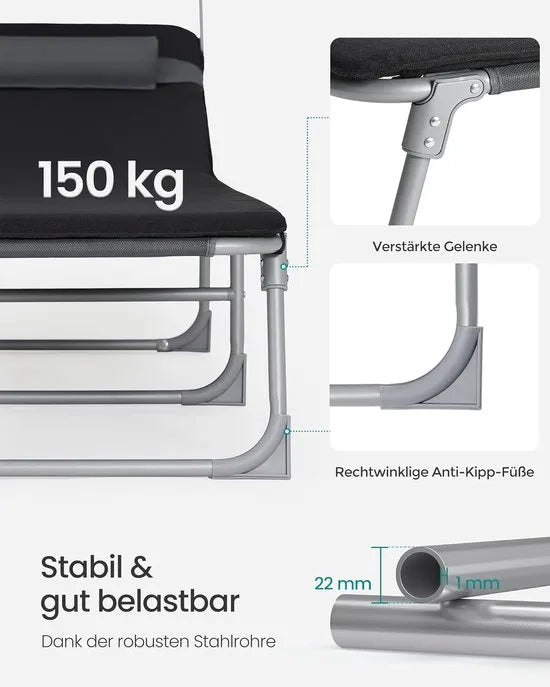 FurnStar - Ligstoel - Ligstoel met 3 cm Dikke Steun - Inklapbare Ligstoel - 193 x 53 x 29 cm - Draagvermogen tot 150 kg - Zonwering, Hoofdkussen, Verstelbare Rugleuning - Voor Tuin, Zwembad, Terras - Grijs Zwart