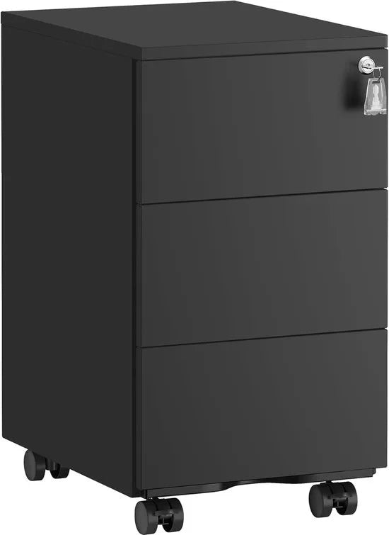 FurnStar - Metalen Ladekast op Wielen - Mobiele Archiefkast - Afsluitbaar - 3 Laden met Inzet - Compacte Printtafel - Voorgemonteerd - Voor Kantoor & Thuis - 40 x 30 x 54 cm - Wolkenwit – Matzwart