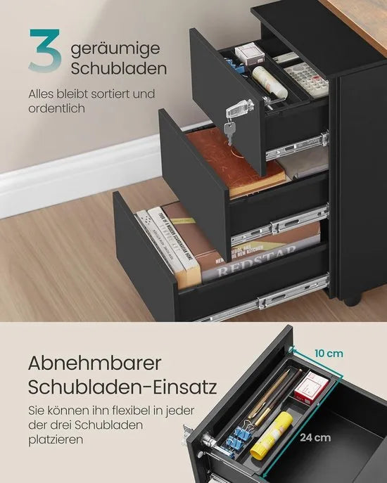 FurnStar - Metalen Ladekast op Wielen - Mobiele Archiefkast - Afsluitbaar - 3 Laden met Inzet - Compacte Printtafel - Voorgemonteerd - Voor Kantoor & Thuis - 40 x 30 x 54 cm - Wolkenwit – Matzwart