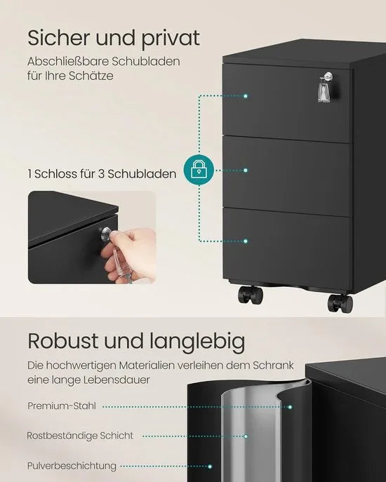 FurnStar - Metalen Ladekast op Wielen - Mobiele Archiefkast - Afsluitbaar - 3 Laden met Inzet - Compacte Printtafel - Voorgemonteerd - Voor Kantoor & Thuis - 40 x 30 x 54 cm - Wolkenwit – Matzwart