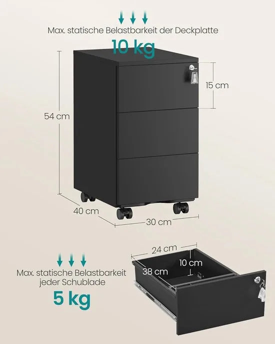 FurnStar - Metalen Ladekast op Wielen - Mobiele Archiefkast - Afsluitbaar - 3 Laden met Inzet - Compacte Printtafel - Voorgemonteerd - Voor Kantoor & Thuis - 40 x 30 x 54 cm - Wolkenwit – Matzwart