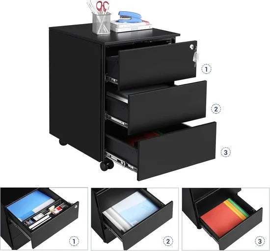 FurnStar - Metalen Ladekast op Wielen - Mobiele Archiefkast - Afsluitbaar - 3 Laden met Inzet - Compacte Printtafel - Voorgemonteerd - Voor Kantoor & Thuis - 40 x 30 x 54 cm - Wolkenwit – Inktzwart