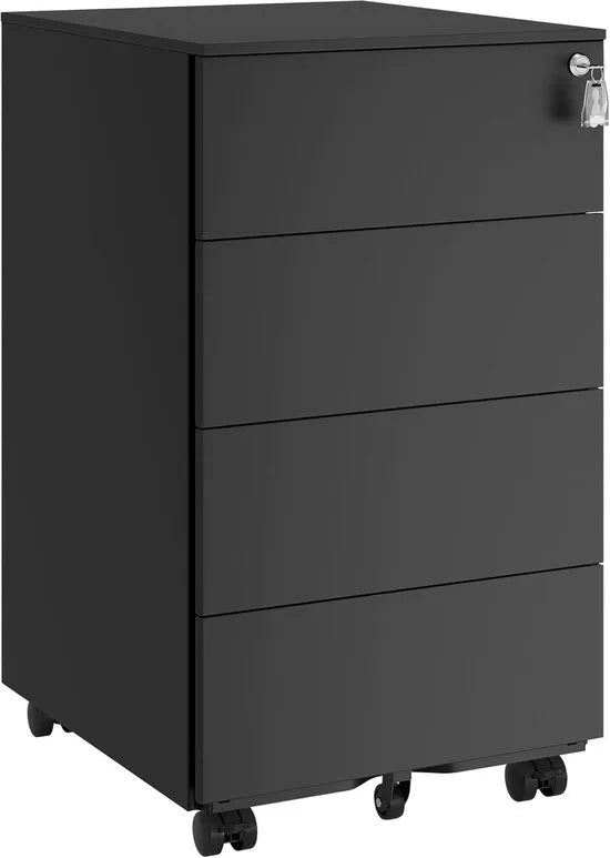 FurnStar - Metalen Ladekast op Wielen - Mobiele Archiefkast - Afsluitbaar - 4 Laden met Inzet - Printtafel - Voorgemonteerd - Voor Kantoor & Thuis - 45 x 39 x 69 cm - Wolkenwit – Inktzwart