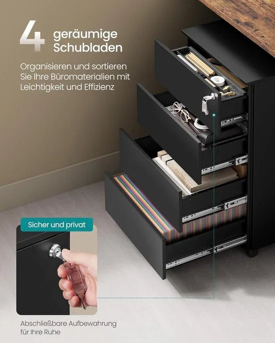 FurnStar - Metalen Ladekast op Wielen - Mobiele Archiefkast - Afsluitbaar - 4 Laden met Inzet - Printtafel - Voorgemonteerd - Voor Kantoor & Thuis - 45 x 39 x 69 cm - Wolkenwit – Inktzwart