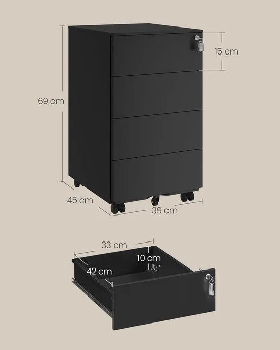 FurnStar - Metalen Ladekast op Wielen - Mobiele Archiefkast - Afsluitbaar - 4 Laden met Inzet - Printtafel - Voorgemonteerd - Voor Kantoor & Thuis - 45 x 39 x 69 cm - Wolkenwit – Inktzwart